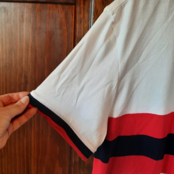 Nautica white striped preppy striped short sleeve polo shirt size large - Picture 7 of 11